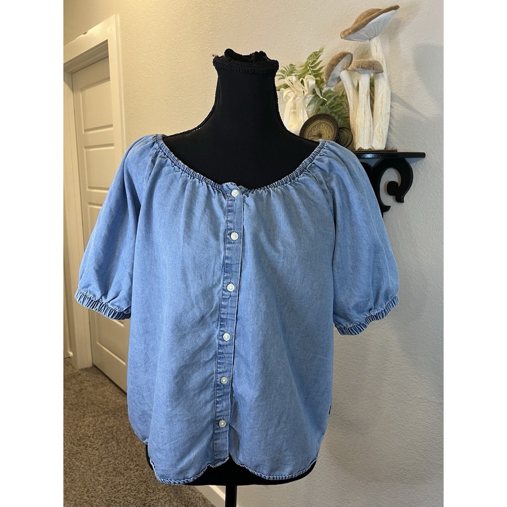 Levi's Blue Chambray "denim" Button Down Off Shoulder Peasant Blouse S Western